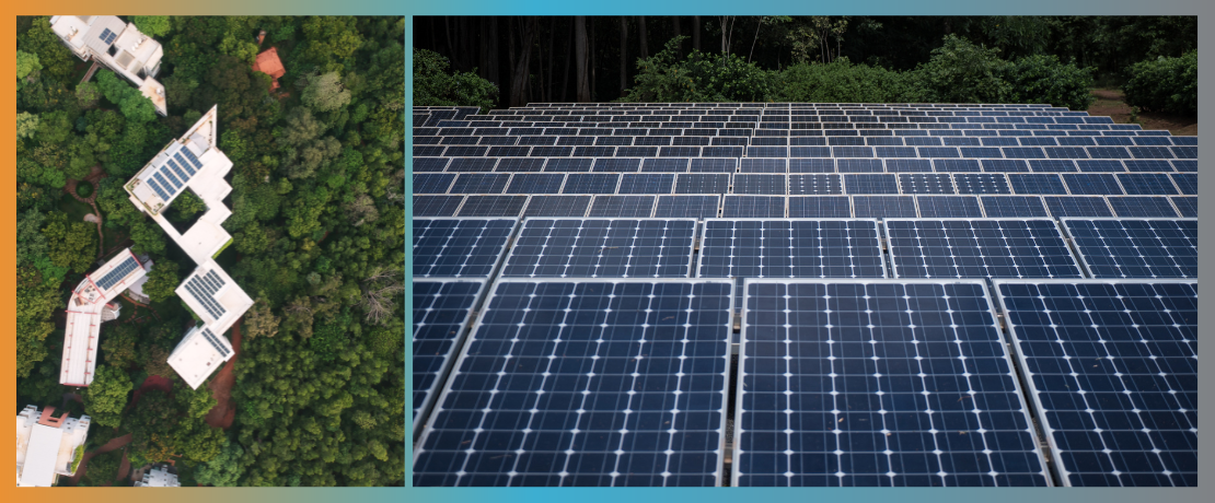 A picture composed of two images. One showing an aerial view of a building in the middle of forest with solar roof top installations.The second image a close up of large solar installation.