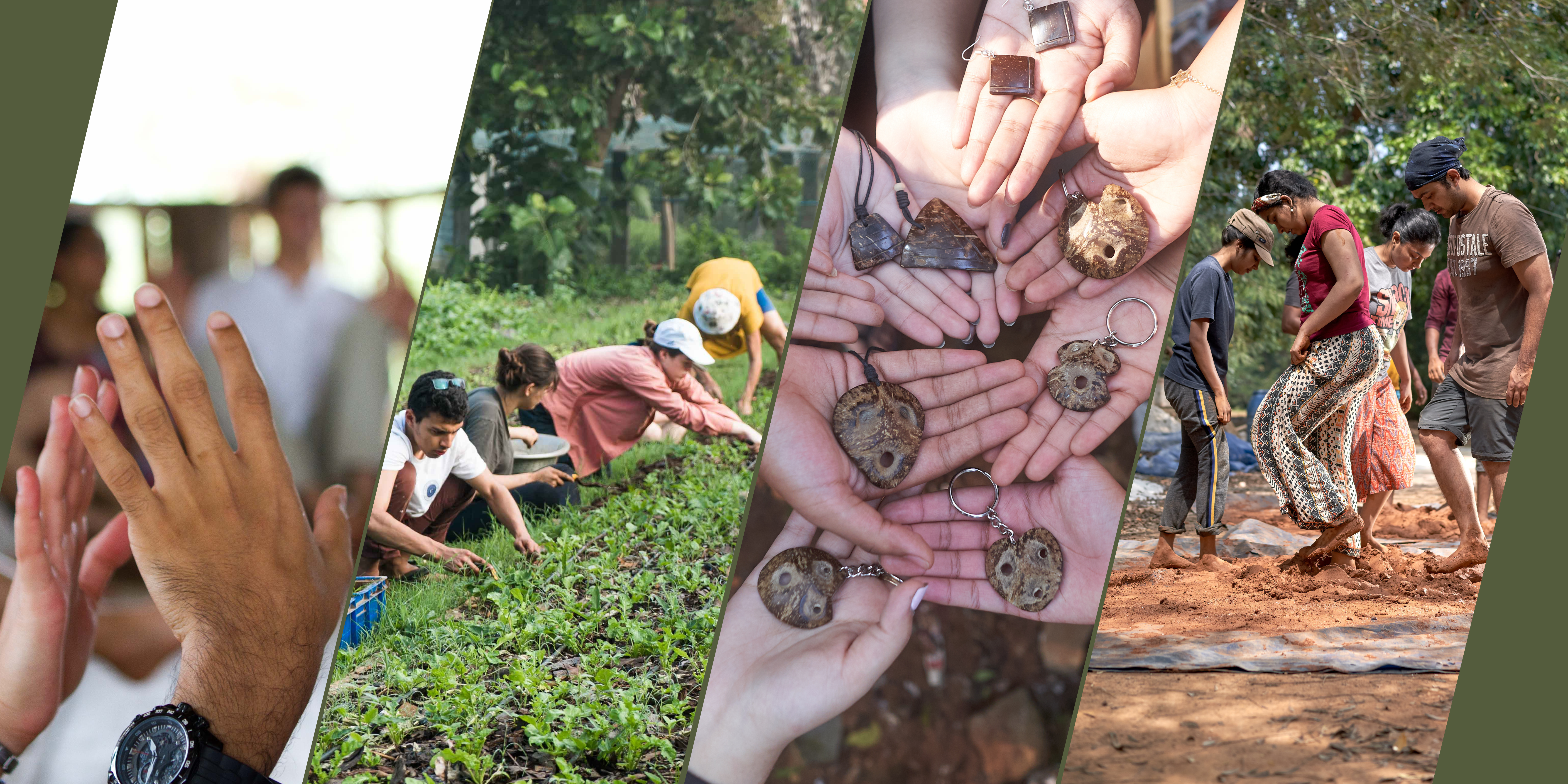 Four images. First image showing two hands touching each other. Second image showing people doing short crop harvest. Third image a group of individual each holding a coconut shell accessories in the palm of their hands. Last image showing a small group of people stamping on red mud.